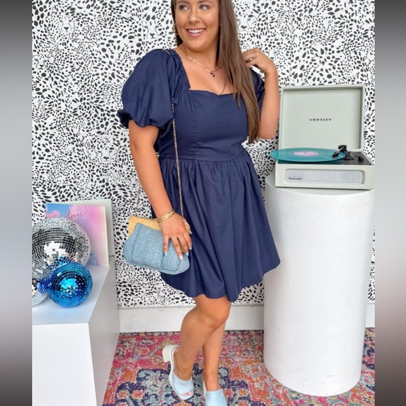 Glam Navy Blue Puff Sleeve Mini Dress - Picture 1 of 6